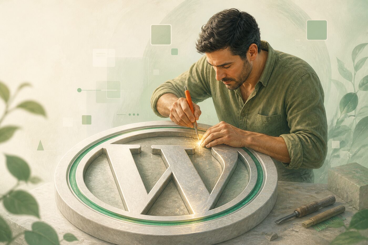 Craftsperson engraving a WordPress W emblem — handcrafted WordPress development and care